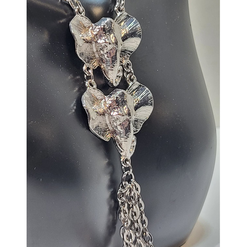 Double Elephant Head Pendant Opera Length Lariat Silver plate Necklace w Tassel - Picture 3 of 6